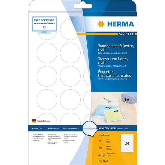 Herma 4686 A4 etikett átlátszó körcímke 40 mm lézerhez 24címke/ ív 25ív/csomag