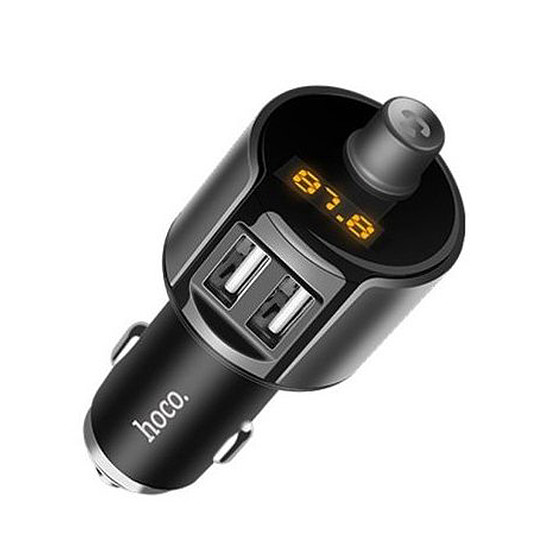 Hoco - Autós töltő FM adóval (E19) - 2xUSB-A, LED kijelzővel, 12W, 2.4A - Szürke (KF239823)