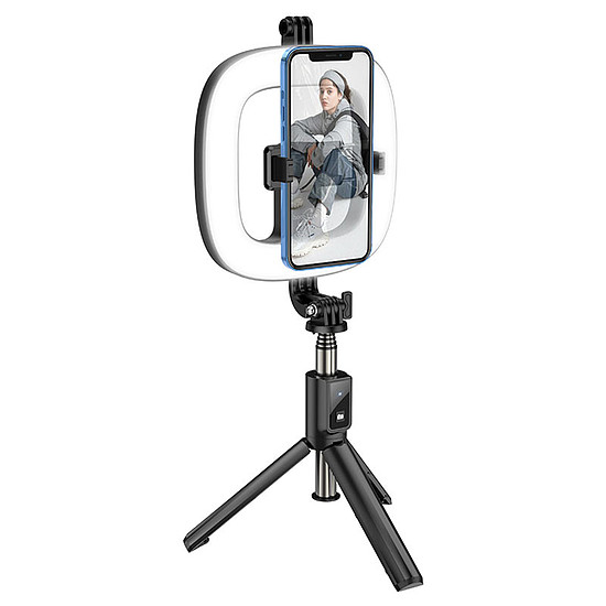 Hoco - Showfull Selfie Stick (LV03 Plus) - LED gyűrű, BT távirányító, 4,7 - 6,5" telefonokhoz és GoPro 1/4 csavarral - fekete (KF2314364)