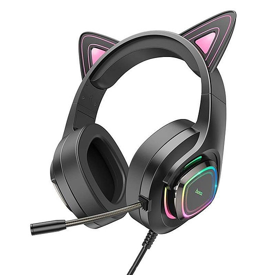 Hoco - Vezetékes fejhallgató macskafül (W107) - 3,5 mm-es jack, mikrofonnal és színes LED-lámpákkal - fekete / rózsaszín (KF2312055)