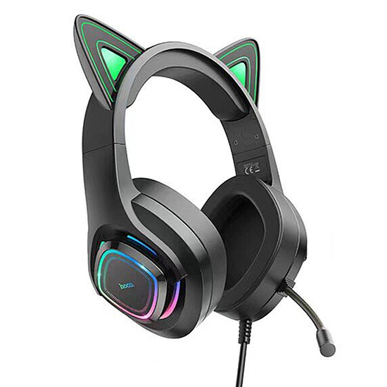 Hoco - Vezetékes fejhallgató, macskafül (W107) - 3,5 mm-es jack, mikrofonnal és színes LED-lámpákkal - fekete/zöld (KF2312057)