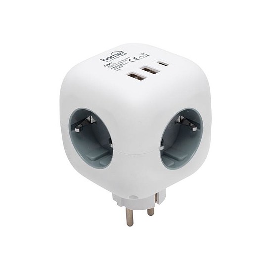 Home CUBE1 kocka elosztó USB töltővel, 3 aljzat gyermekvédelemmel, 1db USB C, 2db USB A, max. 3680 W