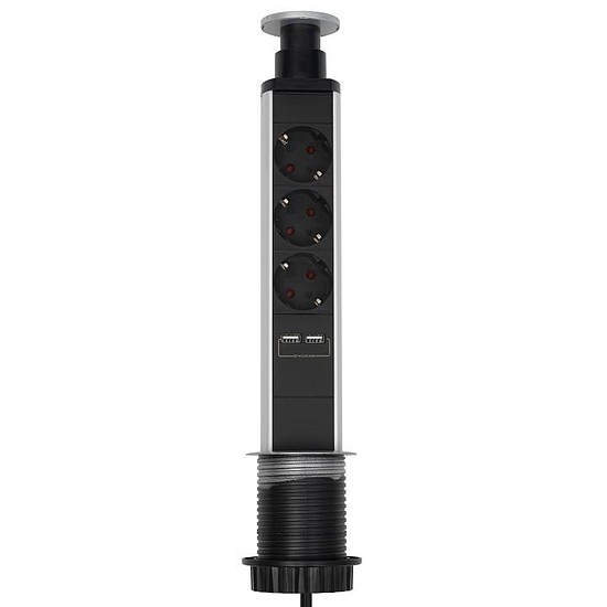 Home NVE 3/USB süllyesztett elosztó USB töltőaljzatokkal, 1,4 m, 3 földelt aljzat gyermekvédelemmel, asztalba, munkalapba építhető, süllyeszthető, max. 3680 W