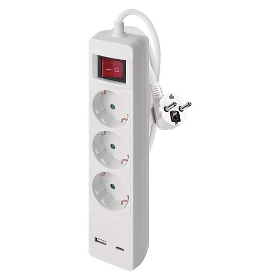 Hosszabbító 2 m / 3 aljzat / kapcsolós / fehér / 1× USB-A + 1× USB-C / 1,5 mm2 (P1322CU)