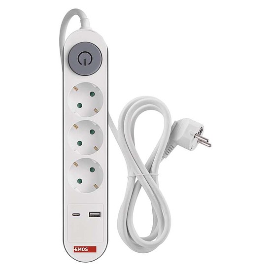 Hosszabbító 2 m / 3 aljzat / kapcsolós / fehér / 1× USB-A + 1× USB-C / 1,5 mm2 (P1322PD)