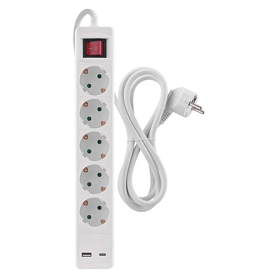 Hosszabbító 3 m / 5 aljzat / kapcsolós / fehér / 1× USB-A + 1× USB-C / 1,5 mm2 (P1523CU)