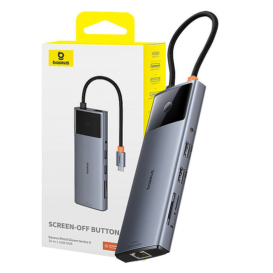 Hub 10in1 Baseus Metal Gleam II Series, USB-C - 1xHDMI, USB-A 10 Gbps, USB-C, 2xUSB-A, Ethernet RJ45, SD/TF kártya, mini jack 3,5 mm, USB-C PD (B00061800813-00)