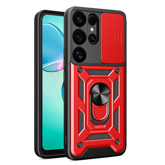 Hybrid Armor Camshield kameravédővel és fémgyűrűvel Samsung Galaxy S25 Ultra készülékhez, piros