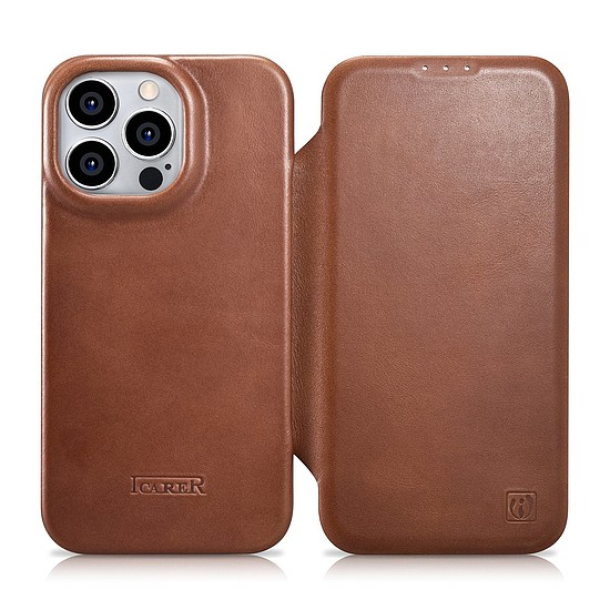 iCarer CE Oil Wax prémium bőr tok bőr tok iPhone 14 Pro mágneses flip MagSafe barna (AKI14220706-BN)