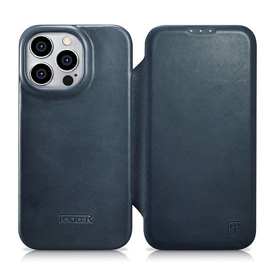 iCarer CE Oil Wax prémium bőr tok bőr tok iPhone 14 Pro mágneses flip MagSafe kék (AKI14220706-BU)