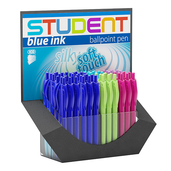 Ico Student golyóstoll vegyes színekben, műanyag, nyomógombos 0,7mm kék írásszín
