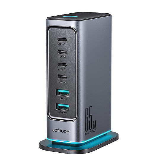 Joyroom JR-TCM02 többportos GaN töltő 65W EU 4x USB-C 2x USB-A - sötétszürke