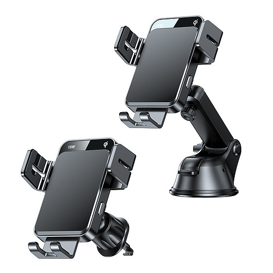 Joyroom Qi vezeték nélküli 15W automata autós töltő elektromos telefon tartó (műszerfal és szellőző) fekete (JR-ZS219)