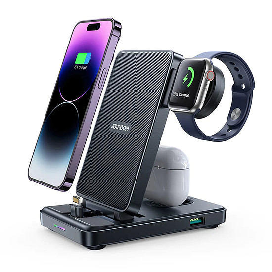 JoyRoom - Vezeték nélküli töltőállomás 4 az 1-ben (JR-WQS02) - Összecsukható, iPhone, AirPods, iWatch, Lightning verzió - Fekete (KF2316851)
