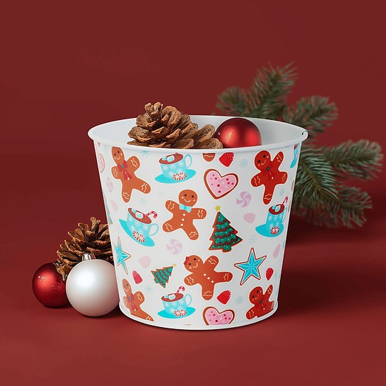 Karácsonyi dekoráció - fém kaspó, vödör - mézeskalács - 13 x 11 cm (59733A)