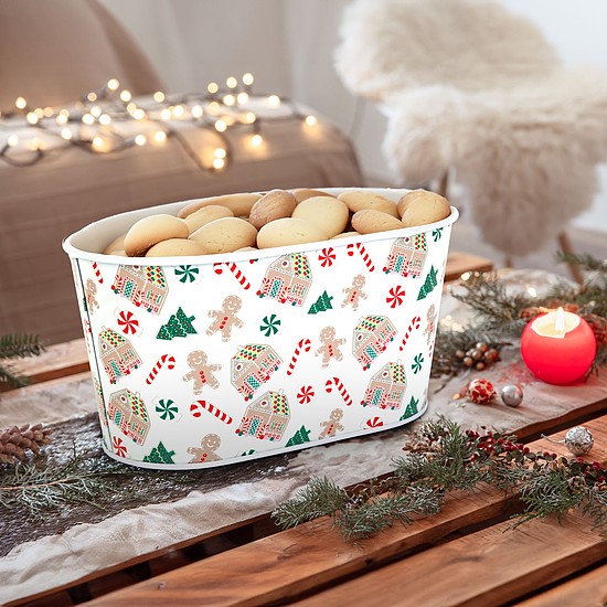 Karácsonyi fém kosár - házikó mintás - 19 x 11,5 x 9,5 cm (59722B)