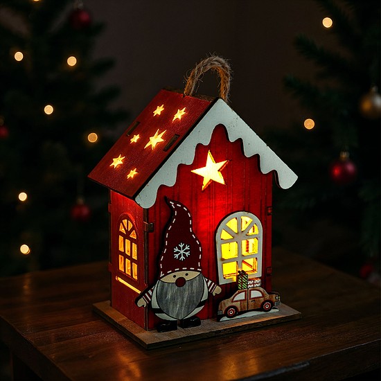 Karácsonyi LED-es dekoráció - házikó manóval - melegfehér LED, piros - 7,5 x 5 x 10 cm - 2 féle (59746)