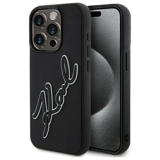 Karl Lagerfeld 3D gumis Signature tok iPhone 15 Próhoz - fekete