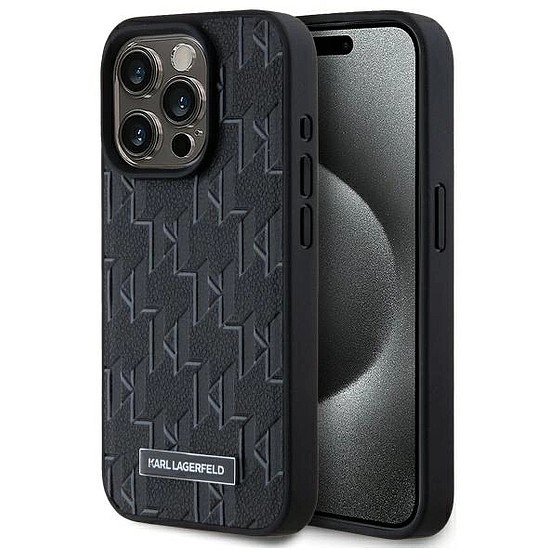 Karl Lagerfeld bőr monogram fém logó MagSafe iPhone 15 Pro tok - fekete