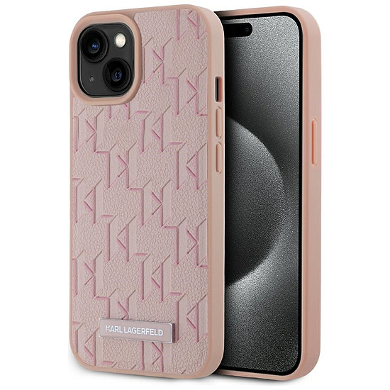Karl Lagerfeld bőr monogramos fém logós MagSafe iPhone 15 tok - rózsaszín