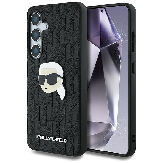 Karl Lagerfeld bőr tok, monogramos, kitűzős, Karl Head logóval, Samsung Galaxy S25 Plus fekete
