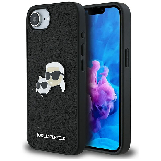 Karl Lagerfeld fix csillámos Karl&Choupette fejű fémtűs iPhone 16e tok - fekete