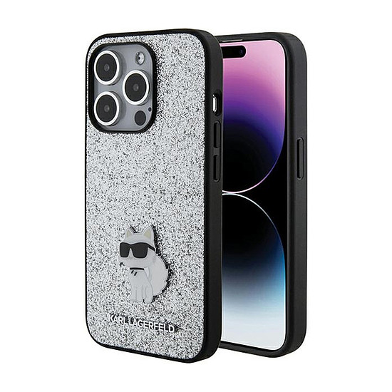 Karl Lagerfeld Fix Glitter Choupette Logo fém tű - iPhone 15 Pro tok ezüst (KLHCP15LGCNPSG)