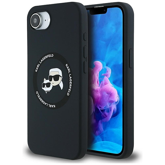 Karl Lagerfeld folyékony szilikon Karl & Choupette Heads tok MagSafe-fel rögzíthető iPhone 16e-hez - fekete