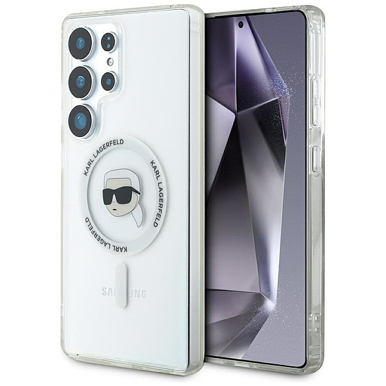 Karl Lagerfeld gombos tok Karl fejjel nyomtatott logóval, MagSafe Samsung Galaxy S25 Ultra fehér
