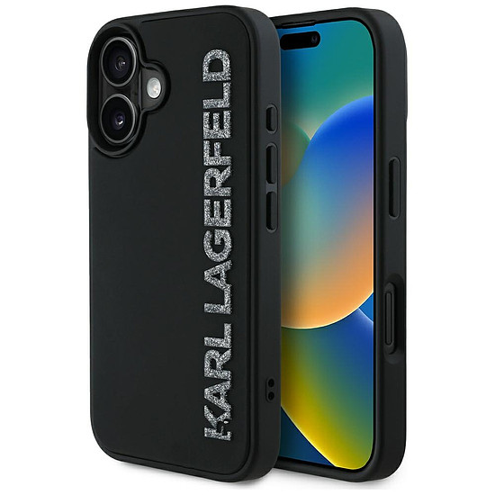Karl Lagerfeld HC 3D gumis, hosszúkás, csillámos iPhone 16 tok - fekete