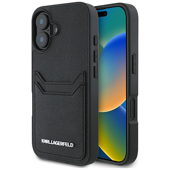Karl Lagerfeld HC Grained PU kártyatartós fém tok iPhone 16 készülékhez, fekete