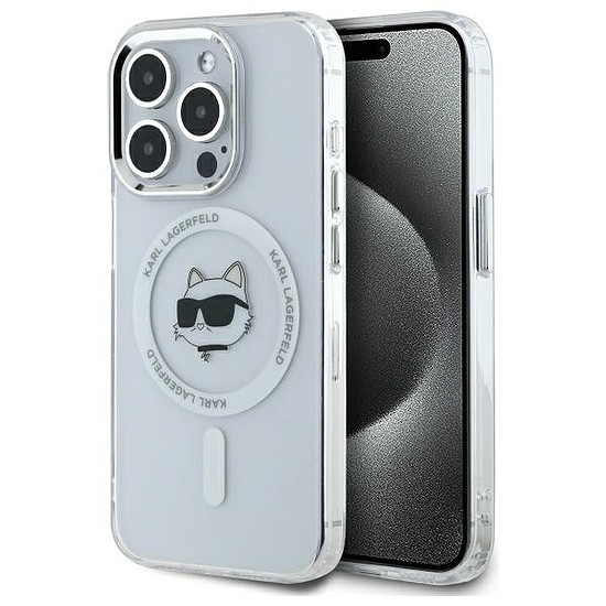 Karl Lagerfeld IML fém Choupette Head MagSafe iPhone 15 Pro tok - fehér