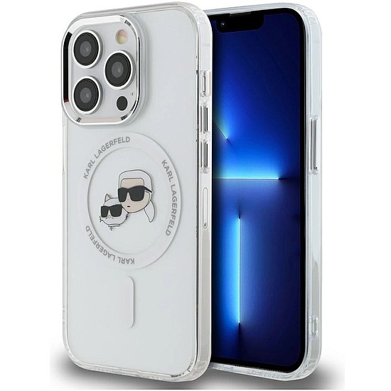 Karl Lagerfeld IML fém Karl & Choupette fej MagSafe iPhone 14 Pro tok - fehér