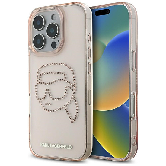 Karl Lagerfeld IML strasszos Karl Head tok iPhone 16 Pro-hoz, rózsaszín