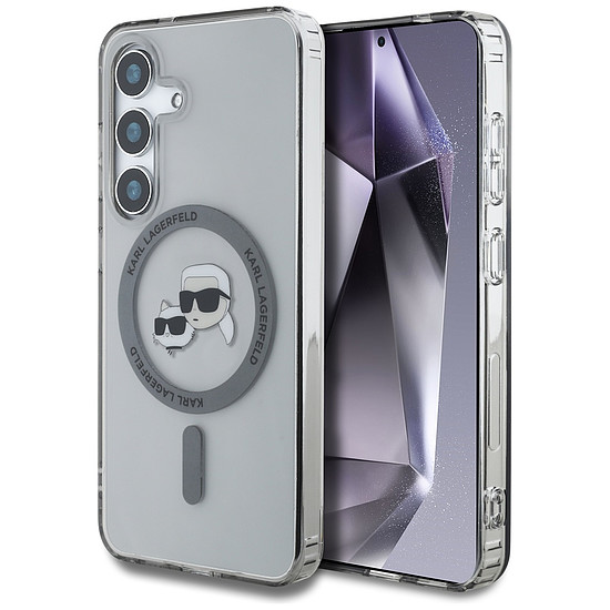 Karl Lagerfeld kitűző Karl & Choupette fejek nyomtatott logóval MagSafe Samsung Galaxy S25 tok fekete
