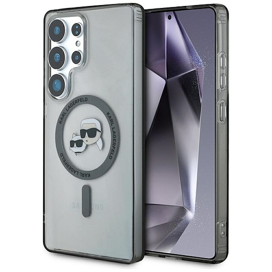 Karl Lagerfeld kitűző Karl & Choupette fejek nyomtatott logóval MagSafe Samsung Galaxy S25 Ultra tok fekete