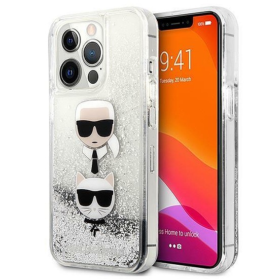 Karl Lagerfeld KLHCP13XKICGLS iPhone 13 Pro Max 6.7" silver/ezüst keménytok, Liquid Glitter Karl&Choupette fej