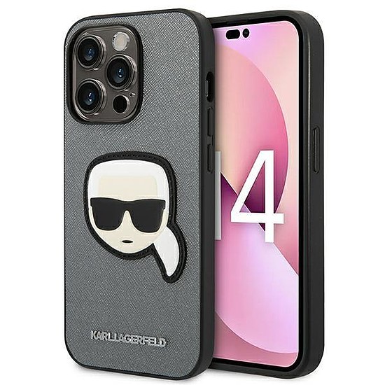 Karl Lagerfeld KLHCP14LSAPKHG iPhone 14 Pro 6,1" ezüst/ezüst kemény tok, Saffiano Karl fejtapasz