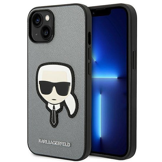 Karl Lagerfeld KLHCP14SSAPKHG iPhone 14 6,1" ezüst/ezüst keménytok, Saffiano Karl´s Head Patch