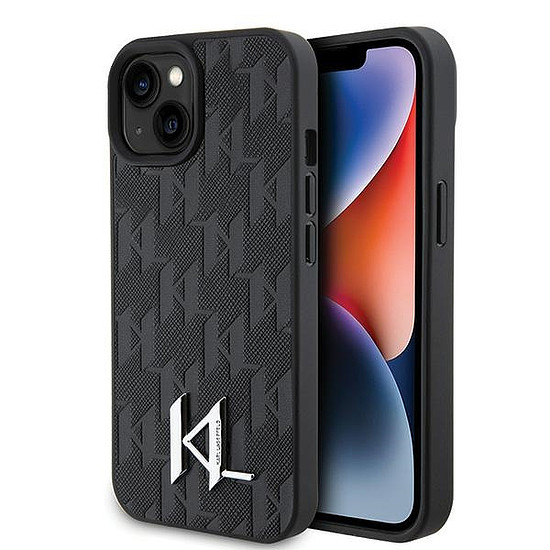 Karl Lagerfeld KLHCP15SPKLPKLK iPhone 15 / 14 / 13 6.1" fekete/fekete keménytok Bőr Monogram Hot Stamp Fém Logóval