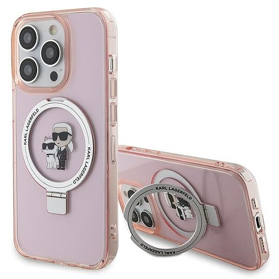 Karl Lagerfeld KLHMP15LHMRSKCP iPhone 15 Pro 6,1" rózsaszín/rózsaszín keményházas gyűrűs állvány Karl&Choupette MagSafe