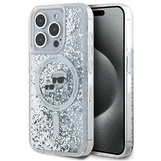 Karl Lagerfeld Liquid Glitter Karl & Choupette Head Magsafe iPhone 15 Pro tok - átlátszó