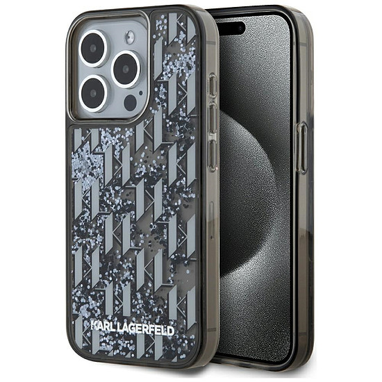 Karl Lagerfeld Liquide Glitter Monogram iPhone 15 Pro tok - fekete