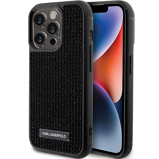 Karl Lagerfeld Rhinestone Logo fémlemez tok iPhone 15 Pro Max készülékhez - fekete