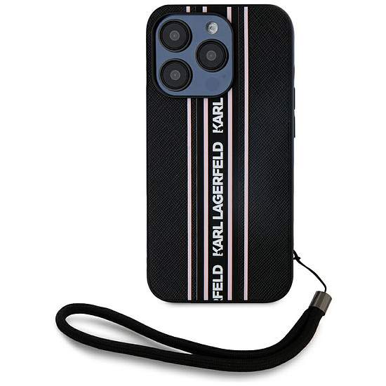 Karl Lagerfeld Saffiano Athleisure Stripes zsinóros iPhone 15 Pro tok - rózsaszín