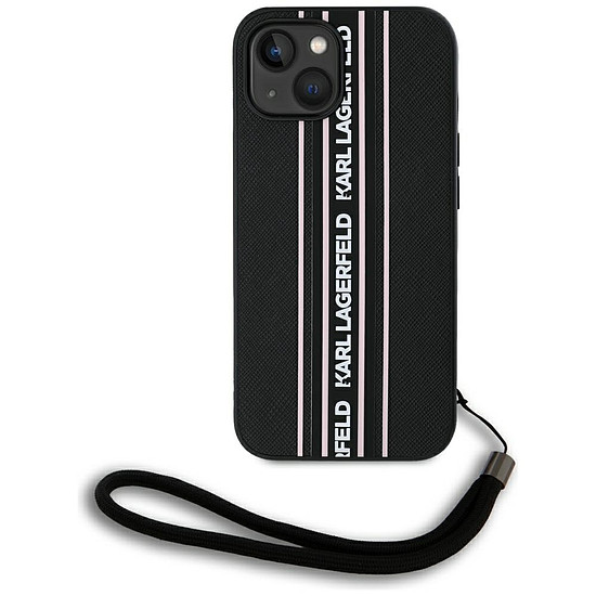 Karl Lagerfeld Saffiano Athleisure Stripes zsinóros iPhone 15 tok - rózsaszín
