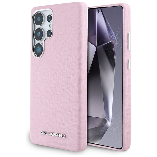 Karl Lagerfeld Saffiano teljes felületre csomagolt, hosszúkás, fém logós MagSafe tok Samsung Galaxy S25 Ultra készülékhez, rózsaszín