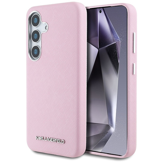 Karl Lagerfeld Saffiano teljes felületre csomagolt, hosszúkás, fém logós MagSafe tok Samsung Galaxy S25+ készülékhez, rózsaszín