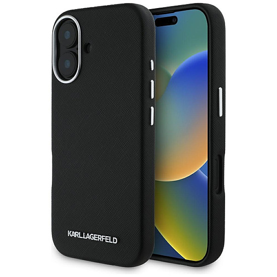 Karl Lagerfeld Saffiano teljes felületre csomagolt, hosszúkás fém logós MagSafe tok iPhone 16-hoz - fekete
