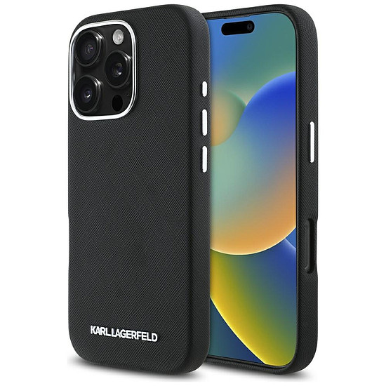Karl Lagerfeld Saffiano teljes felületre csomagolt, hosszúkás, fém logós MagSafe tok iPhone 16 Pro Maxhoz, fekete